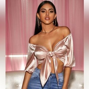 Off Shoulder Tie Front Satin Crop Top